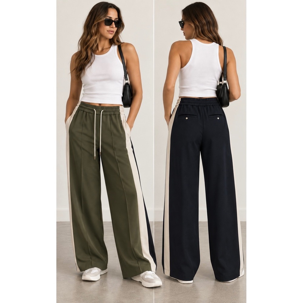 ME+EM Colorblock Side Stripe Wide Leg Trousers Khaki Navy Cream US 2 UK 6